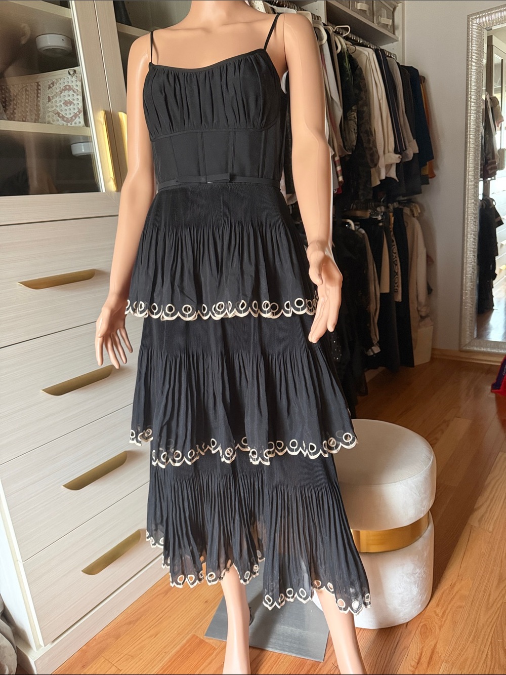 Zimmermann Black Tiered High-Low Dress with White Loop Trim